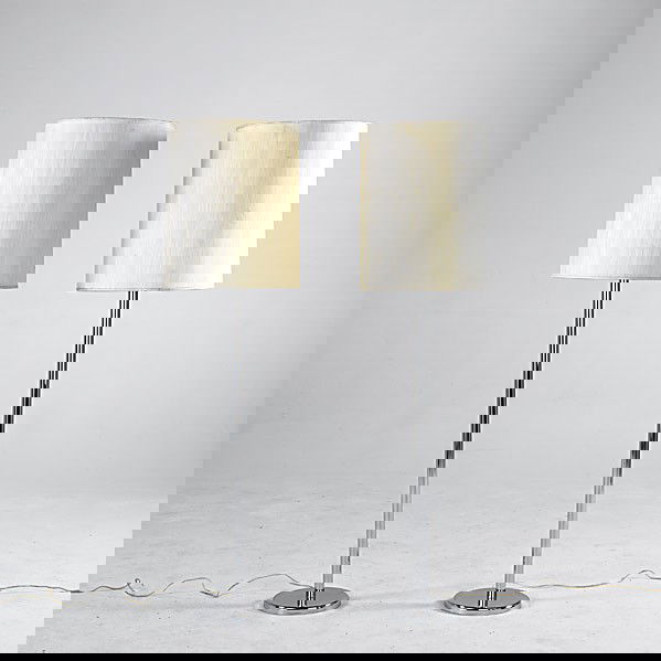 GEORGE KOVACS: GEORGE KOVACS; Pair of 5-socket chromed steel floor lamps with linen shades; 62'' x 16'' dia.