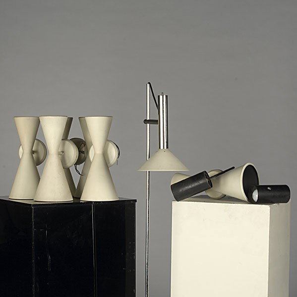 MODERN LIGHTING: MODERN LIGHTING; Includes: chrome and enamel floor lamp, six white enamel sconces and two chrome and black enamel sconces; Tallest: 55 1/2'' x 10 1/4'' dia.