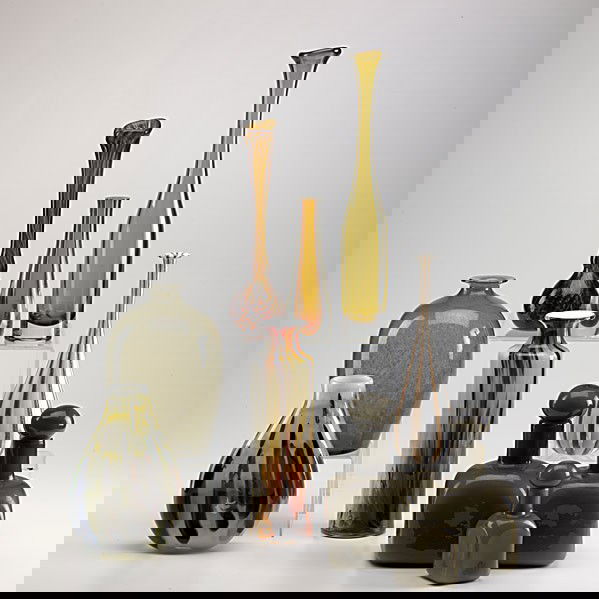 MURANO AND NORWEGIAN GLASS: MURANO AND NORWEGIAN GLASS; Ten pieces include vases and stoppered bottles; One etched Norway, one Holmegaard; Tallest: 15''