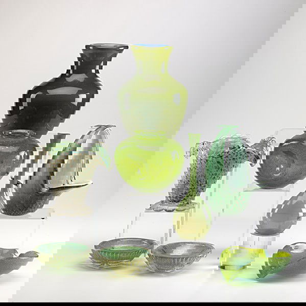 GUNNAR ANDER / LINDSHAMMAR: GUNNAR ANDER; LINDSHAMMAR; Bottle-shaped vase together with seven pieces of Italian glass; Tallest: 8 3/4''