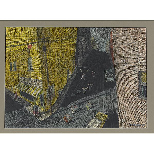 FIVE AMERICAN SCREEN PRINTS: FIVE AMERICAN SCREEN PRINTS; Mildred Rackley (American, b. 1906), screen print in colors of San Fransico Bay, signed, 5'' x 8''; Joseph D. Bulone (American, b. 1922), screen print in colors, ''Scooter