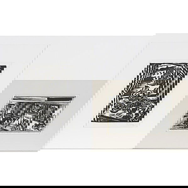 NINE AMERICAN SCENE PRINTS; Arthur Werger (Americ: NINE AMERICAN SCENE PRINTS; Arthur Werger (American, b. 1955); Etching, ''Four Views of Providence''; Signed titled and numbered; Fiske Boyd (American, 1895-1975); Woodcut print of an interior; Signed