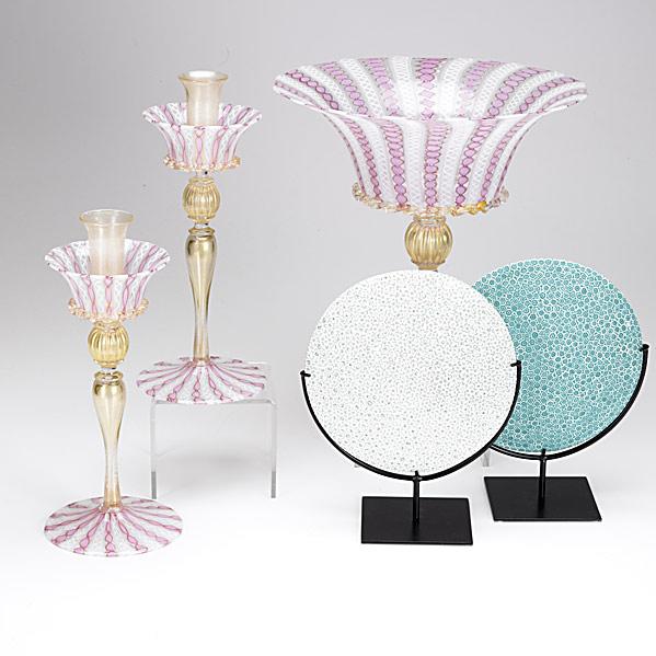 MURANO: MURANO; Garniture set with ribbon decoration together with two lens scultures with millefiori decoration; Compote: 9 1/4'' x 11 3/4''