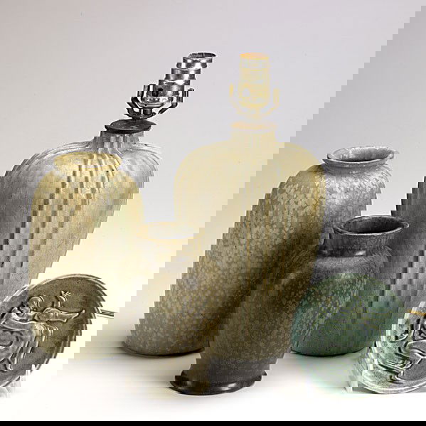 AXEL SALTO / ARNE BANG ETC.: AXEL SALTO; ARNE BANG ETC.; Salto dish decorated with two figures in low relief, Bang lamp base with ribbed decoration together with two vases in similar glaze; All marked; Tallest: 10''