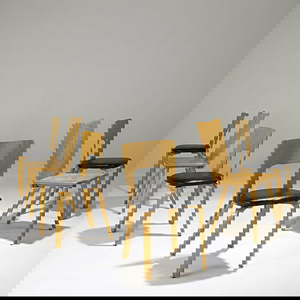 AALVAR AALTO / RUSSEL WRIGHT: ALVAR AALTO; RUSSEL WRIGHT; Four Aalto and two Wright sidechairs; Each factory stamped; Aalto: 30 1/2'' x 16'' x 17''