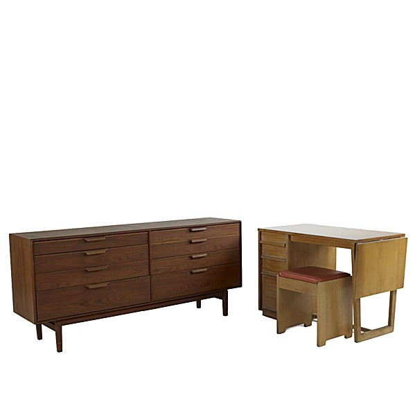 DANISH MODERN: DANISH MODERN; Teak double dresser together with Edward Wormley for Drexel desk and stool; Dresser: 69 3/4'' x 31 1/4'' x 17 1/2''