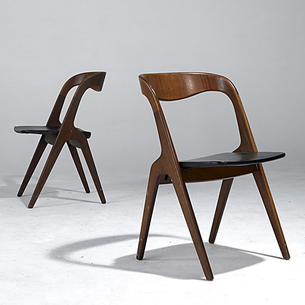 DANISH MODERN: DANISH MODERN; Pair of teak side chairs with vinyl seats; Stamped VAMO VP SONDERBORG Made in Denmark; 30'' x 19'' x 17''