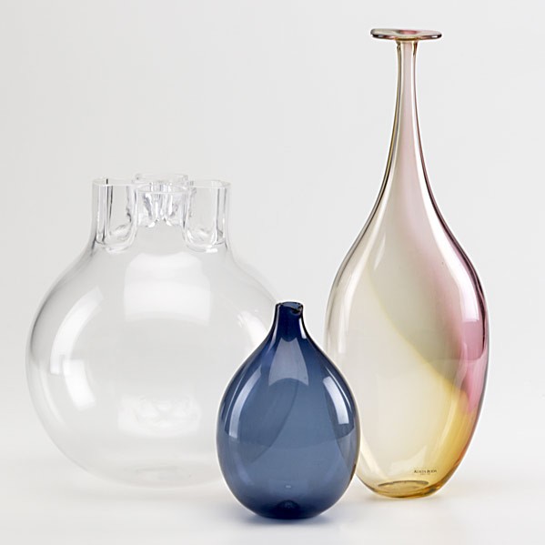 TIMO SARPENA, KOSTA BODA, ETC: TIMO SARPENA, KOSTA BODA, ETC.; Blue beaker vase, tall rose bottle and clear vase (illegibly signed); Kosta: 14''