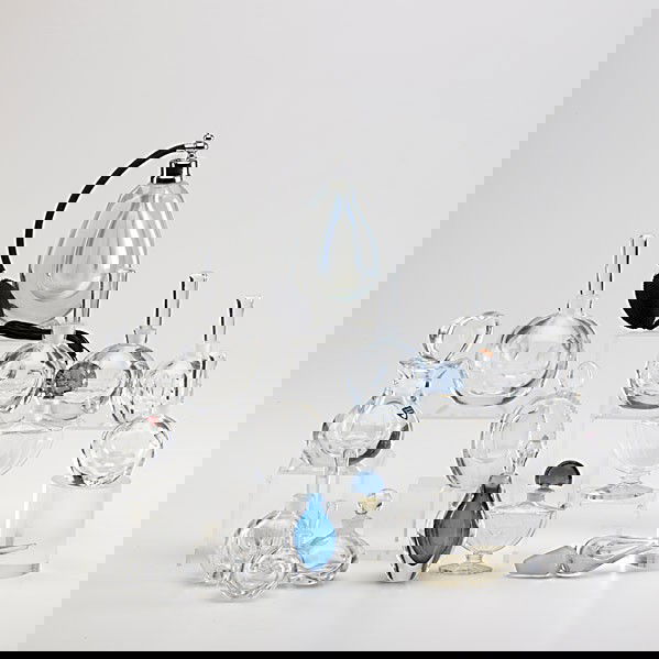 ORREFORS, KOSTA, ETC.: ORREFORS, KOSTA, ETC.; Fourteen perfume bottles includes two by Guerlain; Most marked; Tallest: 7''