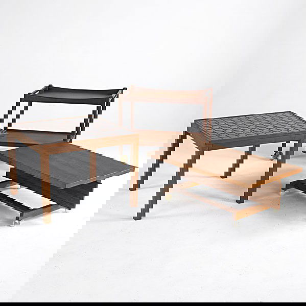 HANS WEGNER: HANS WEGNER; Two teak carts together with teak side table with inset ceramic tiles; Larger cart branded; Larger: 25'' x 29 1/2'' x 19''