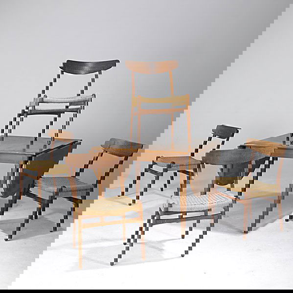 HANS WEGNER / KARL HANSEN & SONS: HANS WEGNER; KARL HANSEN & SONS; Oak table and chairs with sisal wrapped seats; Three chairs with foil label; 29'' x 36'' x 70''