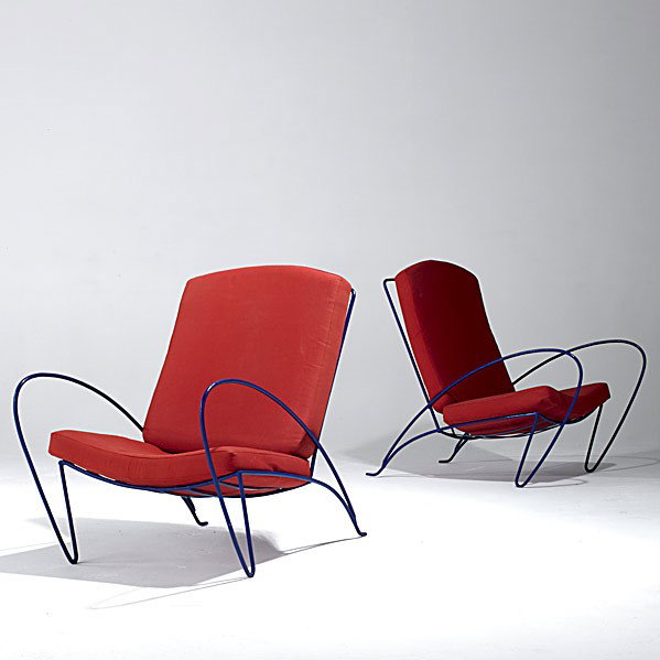 STYLE OF JEAN ROYERE: STYLE OF JEAN ROYERE; Pair of enameled wrought iron chairs; Unmarked; 34'' x 25'' x 40''