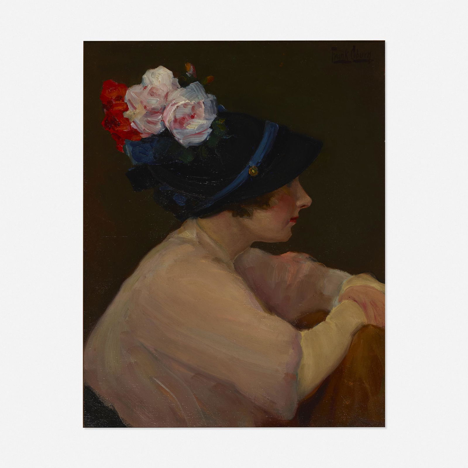 Frank Coburn, The New Hat: Frank Coburn The New Hat 1915oil on canvas 23 h × 17.75 w in (58 × 45 cm) Signed to upper right 'Frank Coburn'. Titled to verso 'The New Hat'. Provenance: C