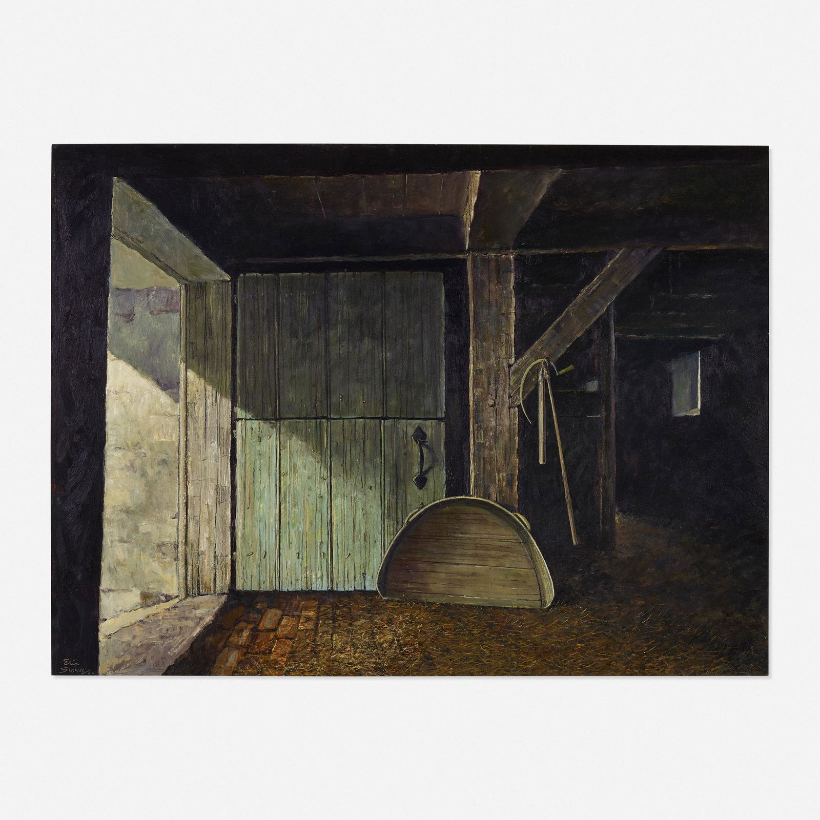 Eric Sloane, The Open Barn: Eric Sloane The Open Barn oil on Masonite 29 h × 39 w in (74 × 99 cm) Signed to lower left 'Eric Sloane MA'.