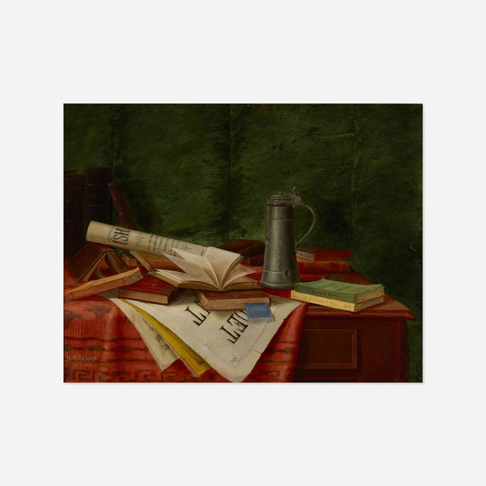 Nicholas Alden Brooks, Tabletop Still Life: Nicholas Alden Brooks Tabletop Still Life 1891oil on canvas 14 h × 18 w in (36 × 46 cm) Signed and dated to lower left 'N.A. Brooks NY 1891'.