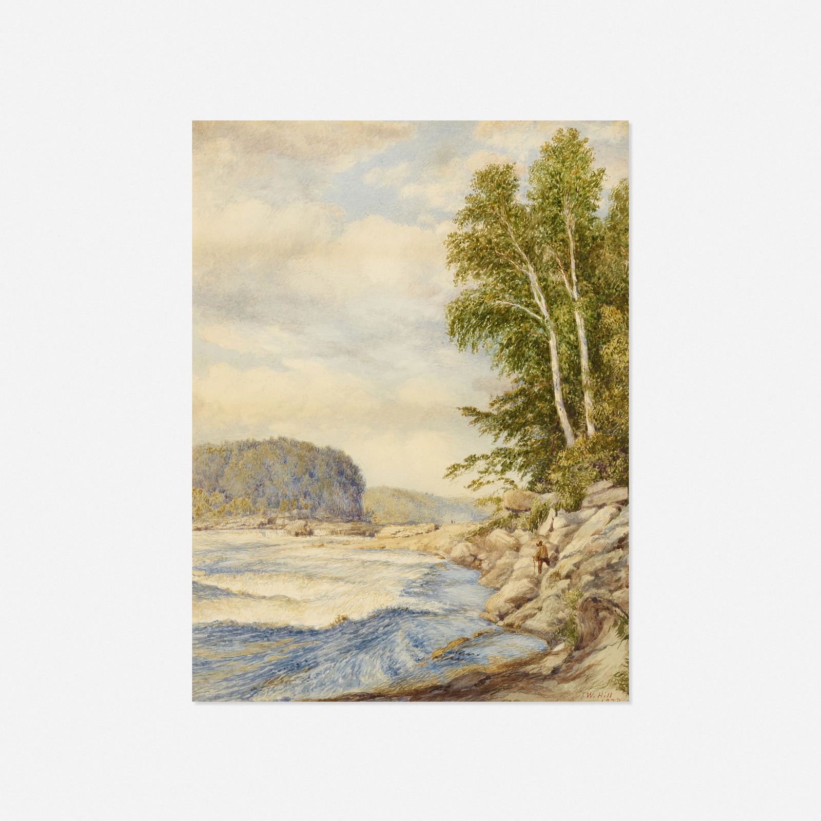 John William Hill, White Water: John William Hill White Water 1873watercolor on paper sight: 12.5 h × 9.75 w in (32 × 25 cm) Signed and dated to lower right 'JW Hill 1873'.