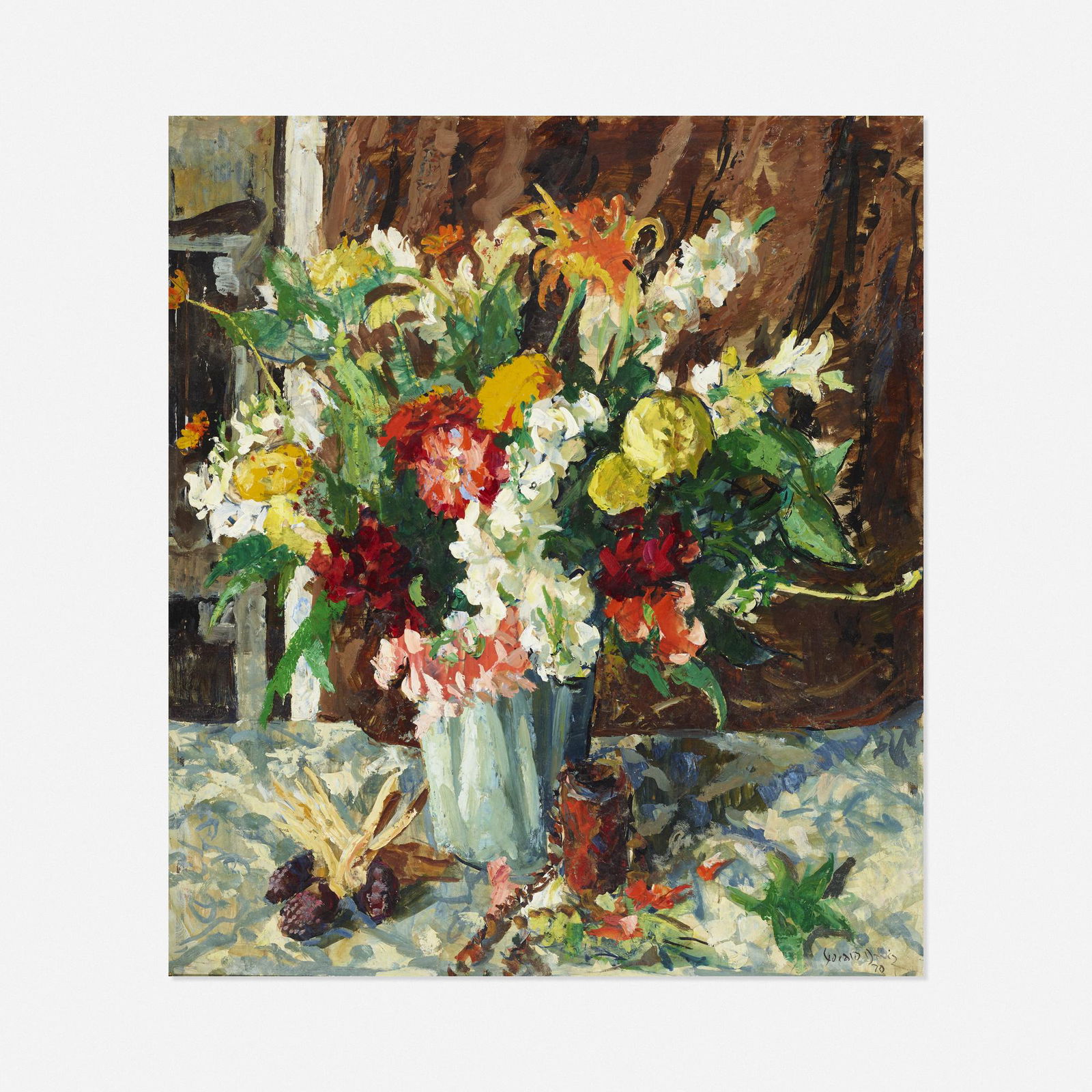Gerald Vivian Davis, Bouquet: Gerald Vivian Davis Bouquet 1970oil on board 34.75 h × 31.25 w in (88 × 79 cm) Signed and dated to lower right 'Gerald Davis 70'.