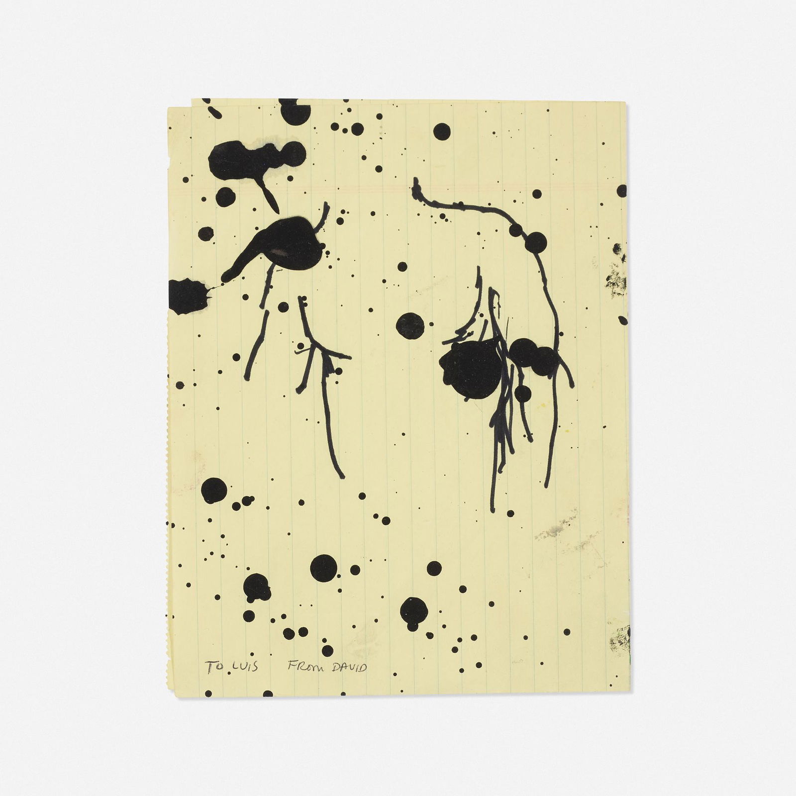 David Wojnarowicz, Untitled (To Luis from David): David Wojnarowicz Untitled (To Luis from David) c. 1985marker and paint on lined paper 8.5 h × 6.5 w in (22 × 17 cm) Signed and inscribed to lower edge 'To Luis from David'.
