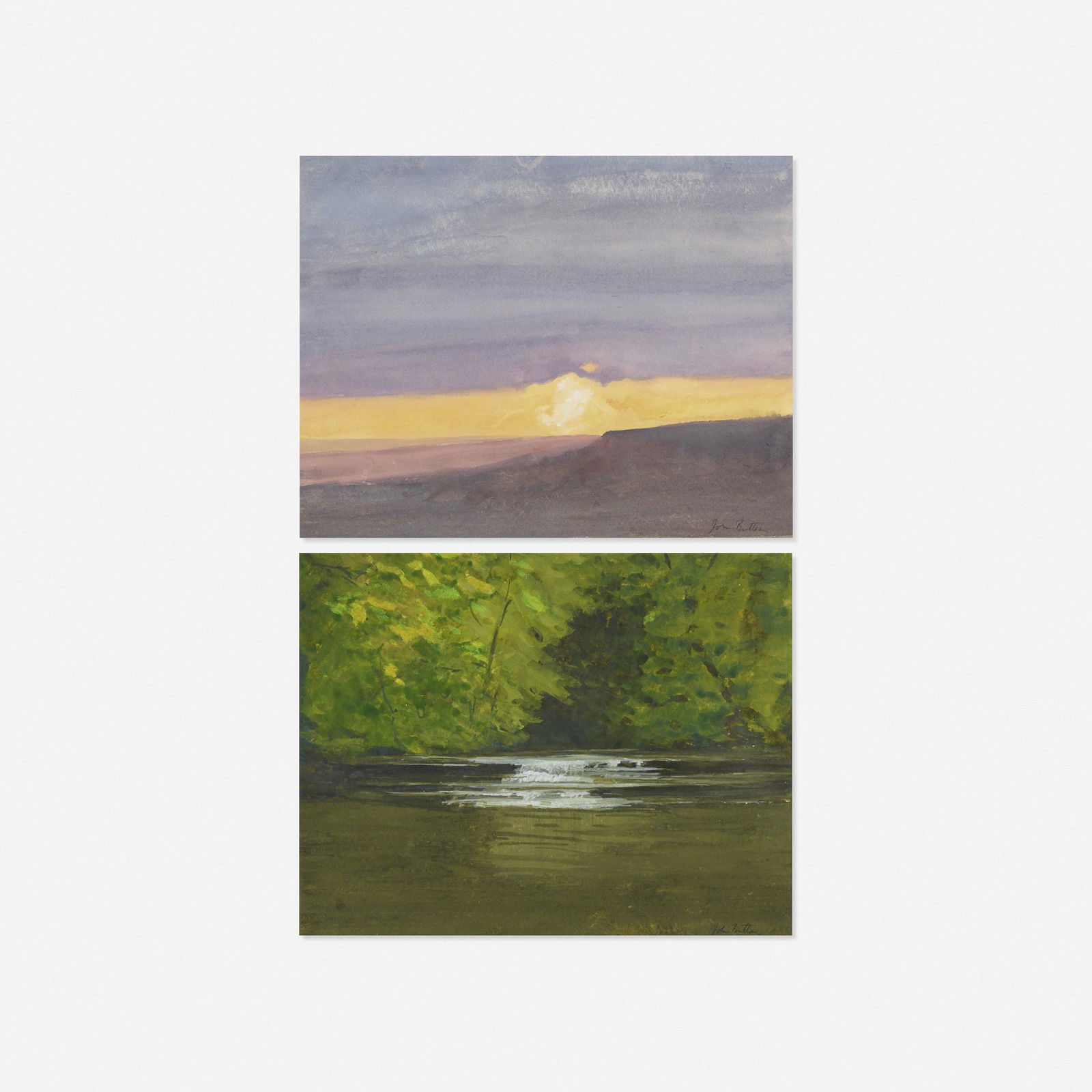 John Button, Untitled (two works): John Button Untitled (two works) 1970gouache on paper sheet each: 8.875 h × 11.75 w in (23 × 30 cm) Signed to lower right of each work 'John Button'. Provenance: