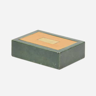 Paul Dupre-Lafon, Cigarette box: Paul Dupre-Lafon Cigarette box HermesFrance, c. 1945leather, brass-plated metal, cedar 1.75 h &times; 6 w &times; 4.25 d in (4 &times; 15 &times; 11 cm) Signed to interior cover 'Hermes