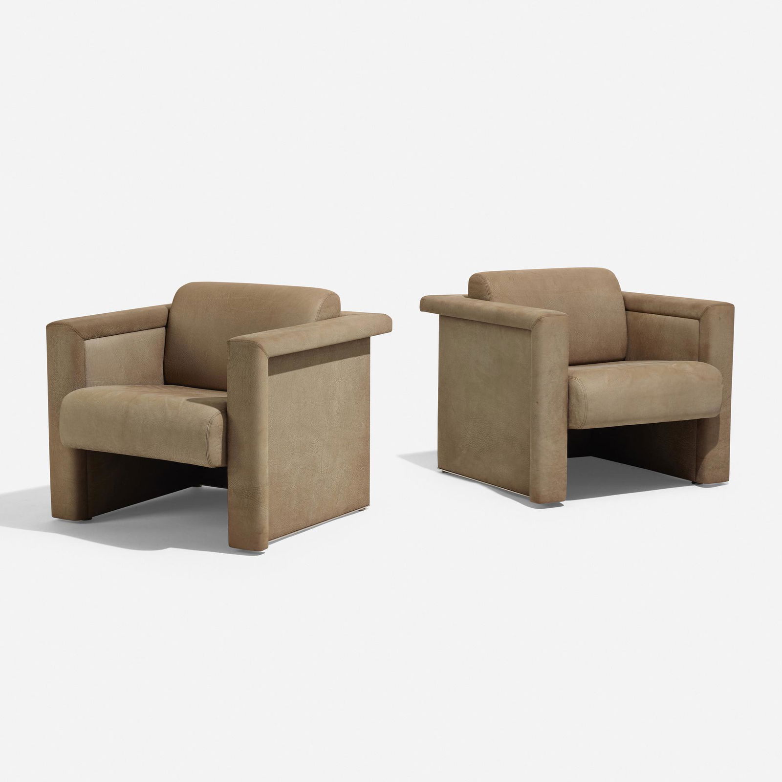 Trix and Robert Haussmann, Lounge chairs, pair: Trix and Robert Haussmann Lounge chairs, pair KnollSwitzerland / Italy, c. 1988buffalo leather, aluminum 29 h × 32 w × 33 d in (74 × 81 × 84 cm) Printed manufactu
