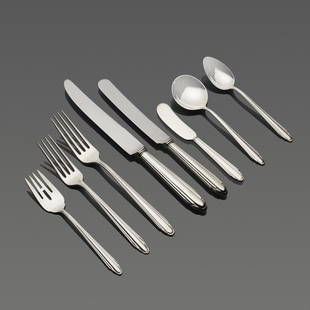 Eliel Saarinen, Candide and Contempora flatware service: Eliel Saarinen Candide and Contempora flatware service Reed & Barton/Dominick & HaffUSA, c. 1930sterling silver, silver plate Assembled eight-piece service for seven plus nineteen additiona