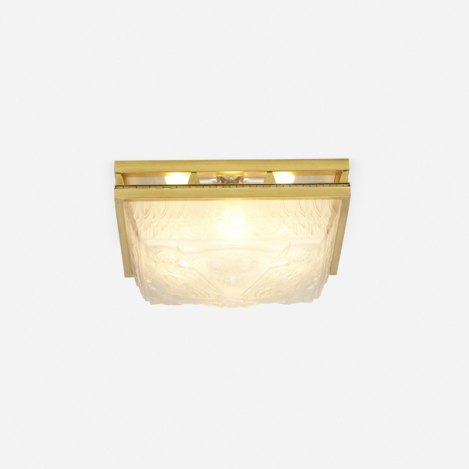 In the manner of Lalique, Ceiling light: In the manner of Lalique Ceiling light late 20th century frosted glass, brass 9 h × 17.75 w × 17.75 d in (23 × 45 × 45 cm) Provenance: Acquired from New