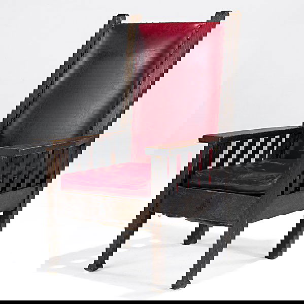 ROYCROFT; Rare high-back armchair: ROYCROFT; Rare high-back armchair, original spring base; Provenance: Roycroft Inn, East Aurora, NY; Carved orb and cross mark and stamped R008; 47'' x 28 1/2'' x 26 1/2''