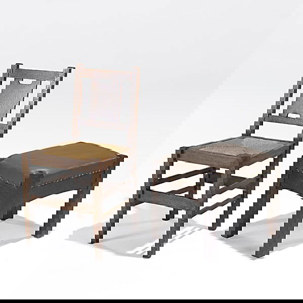 GUSTAV STICKLEY; L. AND J.G. STICKLEY; Chair, etc.: GUSTAV STICKLEY; L. AND J.G. STICKLEY; H-Back vanity chair, rush seat; Footstool with tacked-on leather seat; Branded mark, ''Work of...'' decal; 32'' x 16 1/2'' x 15'', 16'' x 19'' x 15''