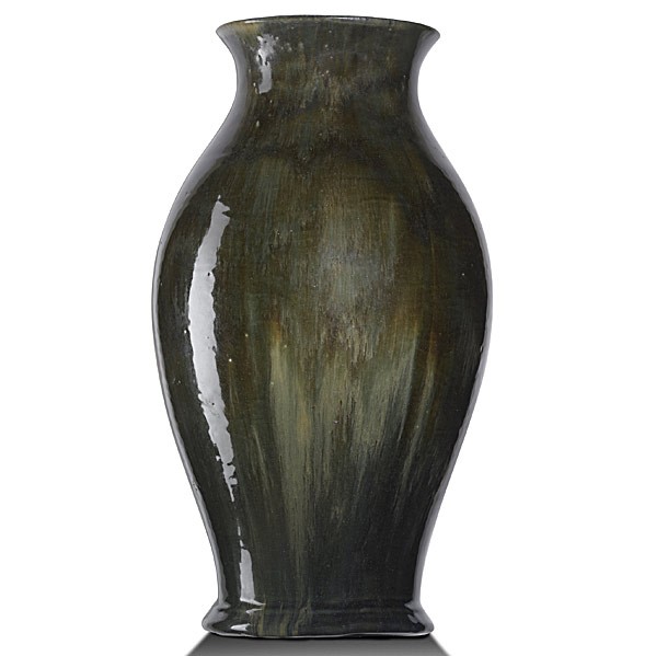 FULPER; Large baluster vase: FULPER; Large baluster vase, olive green flambe glaze; Restoration to two areas on rim; Raised vertical racetrack mark; 16 1/2'' x 8 1/4''