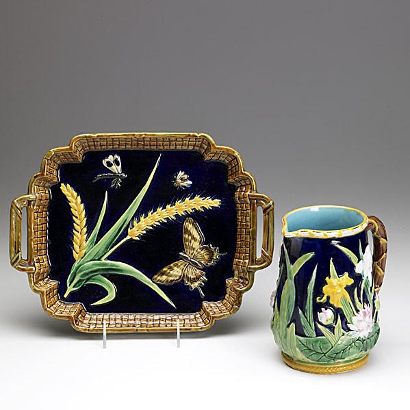 GEORGE JONES; Majolica tray and pitcher: GEORGE JONES; Majolica tray, together with an unsigned pitcher; Glaze fleck and shallow spider line to base on pitcher; Tray stamped JG, registration diamond, 24, 12; Tray: 10'' x 13'', pitcher: 7 1/4