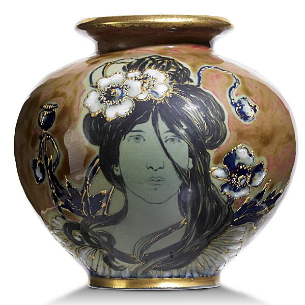 RIESSNER, STELLMACHER & KESSEL; Porcelain vase: RIESSNER, STELLMACHER & KESSEL; Amphora porcelain vase with maiden; Red RSTK Stamp, 12 and 473; 6 1/2'' x 6 3/4''