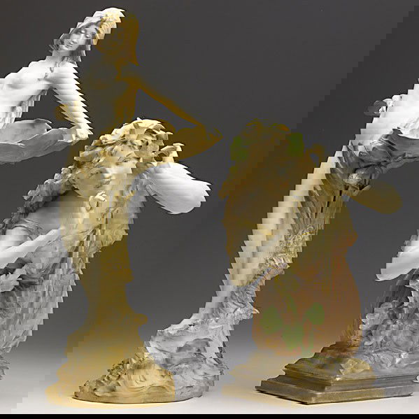 ERNST WAHLISS; Two Amphora porcelain figurines: ERNST WAHLISS; Two Amphora porcelain figurines; Restoration to both, see cond. rpt.; Taller has gray Royal Vienna Wahliss medallion, 2638, other with red Turn Vienna EW stamp, 4515; 12 1/2'' and 17''