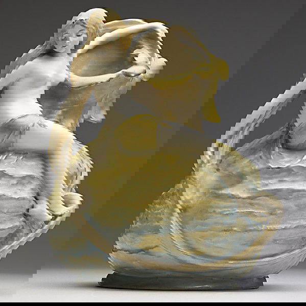 ERNST WAHLISS; Amphora porcelain vase: ERNST WAHLISS; Amphora porcelain gourd-shaped vase with nude; Minor fleck to hair; Red Turn Vienna stamp, 4754; 8'' x 7''