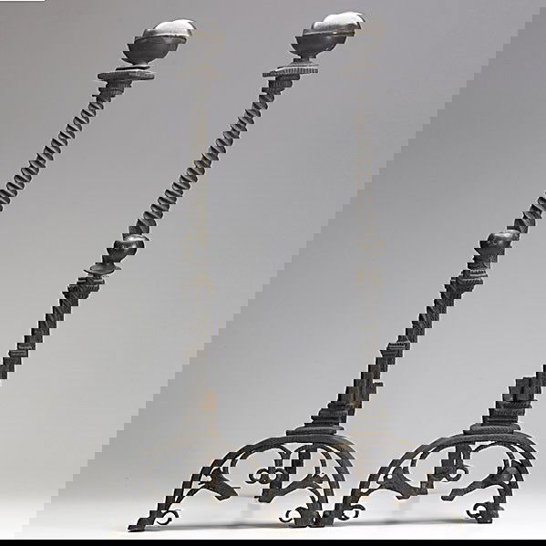 SAMUEL YELLIN; Rare and tall pair of andirons: SAMUEL YELLIN; Rare and tall pair of iron and bronze andirons; Ref: Clare Yellin of Samuel Yellin Metalworks; No visible mark; 29'' x 9 1/2'' x 23''