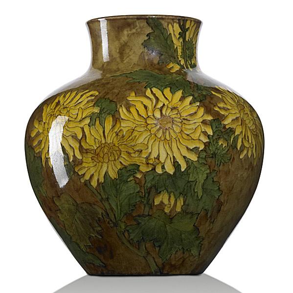 JOHN BENNETT; Vase: JOHN BENNETT; Vase with chrysanthemum, c. 1884; 1/4'' narrow glaze chip to footring; Signed J Bennett 412 E 24 N.Y., date probably 1884; 10'' x 9 1/2''