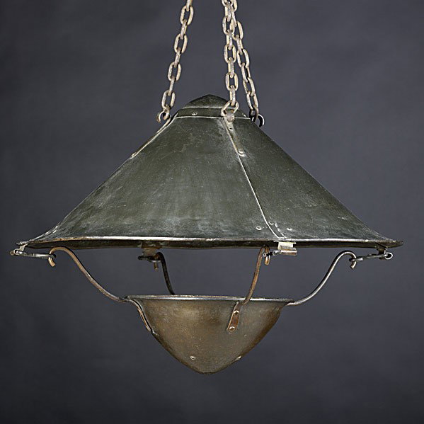 CALIFORNIA STUDIO LIGHTING; Hanging fixture: CALIFORNIA STUDIO LIGHTING; Hammered copper two-piece hanging fixture, forged hooks; Unmarked; 19'' x 26''