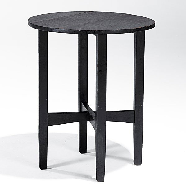 GUSTAV STICKLEY; Lamp table: GUSTAV STICKLEY; Lamp table, arched stretchers, ebonized finish, ca. 1905; Small red decal; 29'' x 24''
