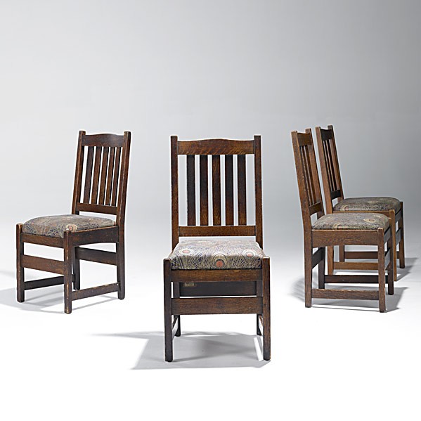L. AND J.G. STICKLEY; Set of four dining chairs: L. AND J.G. STICKLEY; Set of four dining chairs, Liberty fabric; ''The Work of...'' decals on each; 38'' x 18'' x 17''