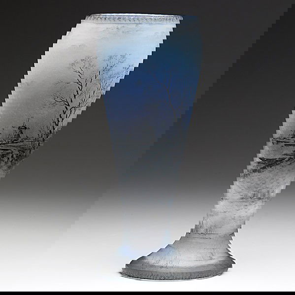 DAUM; Enameled opalescent martele vase: DAUM; Enameled opalescent martele vase with Dutch landscape; Signed Daum Nancy with Cross of Lorraine; 9 3/4'' x 4''