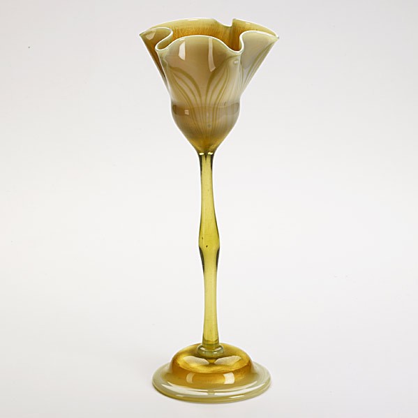 TIFFANY STUDIOS; Favrile glass floriform vase: TIFFANY STUDIOS; Favrile glass floriform vase; Etched L.C.T. on pontil, 62876A; 13'' x 4 3/4''