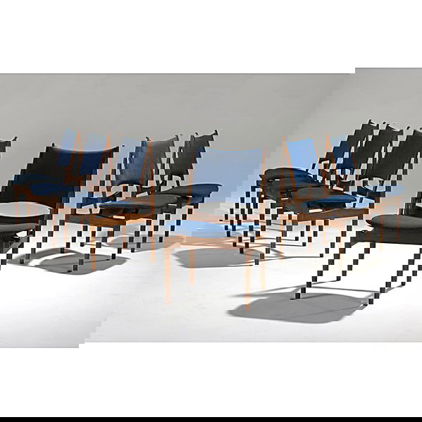 FINN JUHL; NIELS VODDER; Set of six dining chairs: FINN JUHL; NIELS VODDER; Set of six teak Egyptian dining chairs, 1940s; Each branded Niels Vodder Cabinetmaker Copenhagen Denmark Design Finn Juhl; 35 1/4'' x 18 1/2'' x 21