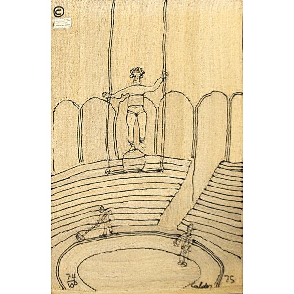ALEXANDER CALDER; BON-ART; Maguey fiber tapestry: ALEXANDER CALDER; BON-ART; Maguey fiber tapestry, ''Circus,'' 1975; Bon-Art label, woven signature and date, 74/100 with copyright; 84'' x 56''