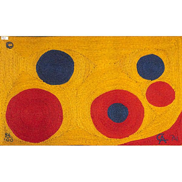 ALEXANDER CALDER; BON-ART; Maguey fiber tapestry: ALEXANDER CALDER; BON-ART; Maguey fiber tapestry, ''Sun,'' 1974; Bon-Art label, woven date and signature, 36/100 with copyright; 48'' x 72''