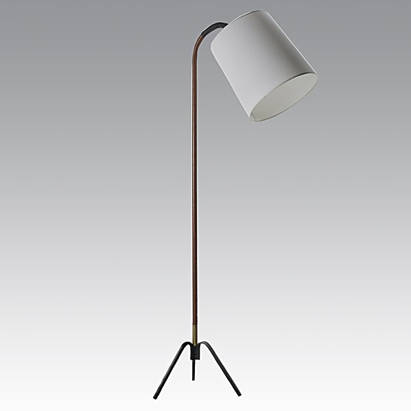 JACQUES ADNET; Floor lamp: JACQUES ADNET; Leather, brass and enameled steel floor lamp, paper shade; Unmarked; 70'' x 30'' x 14''