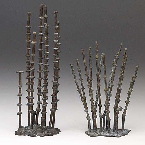 KLAUS IHLENFELD; Two phosphorus bronze sculptures: KLAUS IHLENFELD; Two phosphorus bronze sculptures, ''Bamboo Growth''; Tallest stamped K; 8 3/4'' and 6''