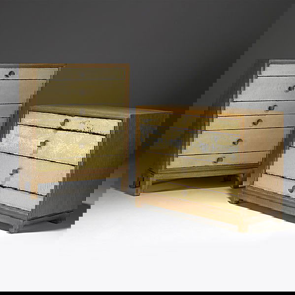 TOMMI PARZINGER; CHARAK MODERN; Two dressers: TOMMI PARZINGER; CHARAK MODERN; Two primavera and tooled leather dressers, brass pulls; Charak Modern decals; 34'' x 44'' x 19'' and 48'' x 36'' x 17''