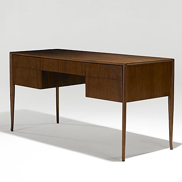 T.H. ROBSJOHN-GIBBINGS; WIDDICOMB; Desk: T.H. ROBSJOHN-GIBBINGS; WIDDICOMB; Mahogany double pedestal desk; Remnants of fabric label; 30 1/2'' x 60 3/4'' x 24''