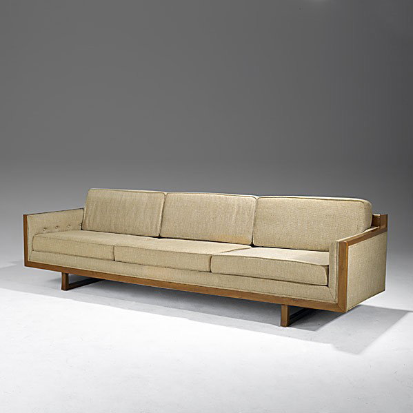 T.H. ROBSJOHN-GIBBINGS (Attr.); WIDDICOMB; Sofa: T.H. ROBSJOHN-GIBBINGS (Attr.); WIDDICOMB; Mahogany and wool three-seat sofa; Widdicomb fabric label; 29'' x 108'' x 32 3/4''