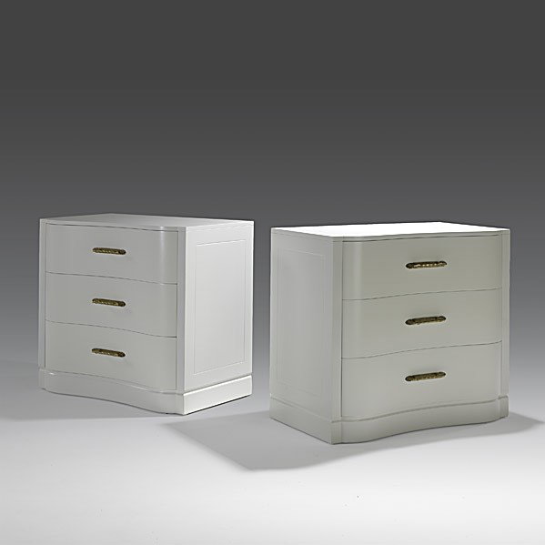 LORIN JACKSON; GROSFELD HOUSE; Pair of dressers: LORIN JACKSON; GROSFELD HOUSE; Pair of white lacquered dressers, brass hardware; One with foil label; 33 3/4'' x 36'' x 21''